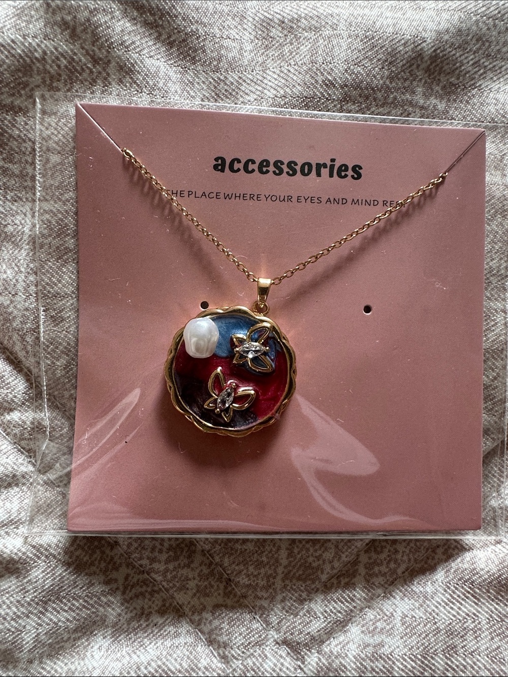 Gold Pendant Necklace with Red and Blue Enamel and Pearl Accent